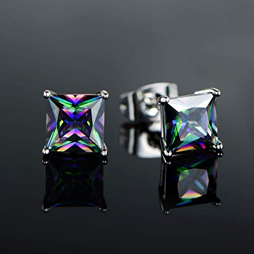Mens Earrings 18K White Gold Plated Rainbow Quartz Cz 6Mm Square Ear Pierced Gemstone Vintage Sparkle Studs Earings For Women Hypoallergenic Jewelry Birthday Valentines Gifts #TOP6