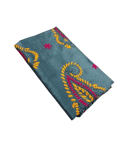 Image of SHRISTI CLOTHINGS Women's Hand Embroidered Cotton Silk Kantha Stitch Saree with Blouse Piece (J420924 GREYD48)