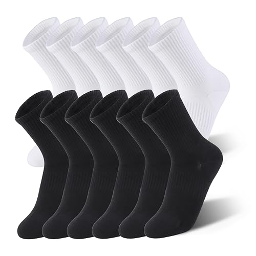 Athletic Running Socks with Arch Compression, Cotton Cushioned Crew Socks for a Secure Fit, White & Black
