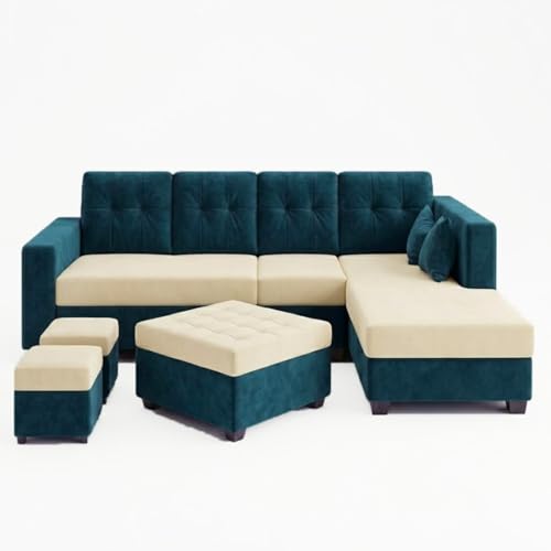 Image of FURNY Nathan 8 Seater L Shape Sofa Set RHS (Green Teal-Cream) | Suede Velvet Finish | Durable Comfort Sofa for Modern Living Room & Office Spaces