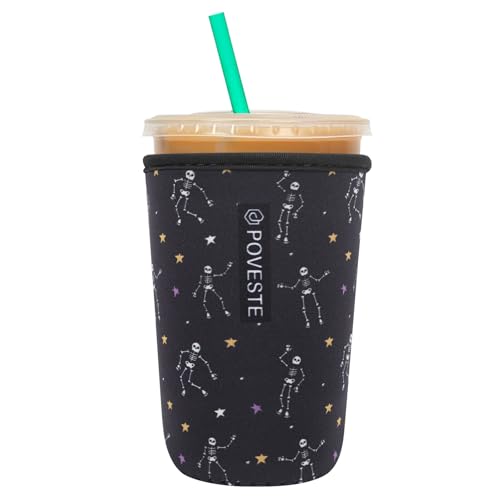 Image of Reusable Neoprene Insulator Sleeve for Iced Coffee & Cold Soda, Coffee Sleeves for Iced & Hot Drinks, Cold Beverage Cooler Compatible with Starbucks, Dunkin (Dance Skull, Medium: 22-24oz)