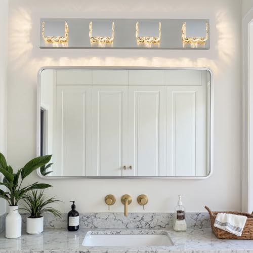 Image of 4-Light Bathroom Light Fixtures,Modern Crystal Bathroom Vanity Lights Fixture Over Mirror, Crystal 4 Lights Wall Sconce for Mirror Bedroom, Living Room