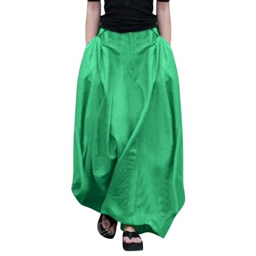 Women's Maxi Skirt Summer Pleated Flowy Elastic High Waisted Skirts Casual Loose Fit Solid Clothes with Pockets