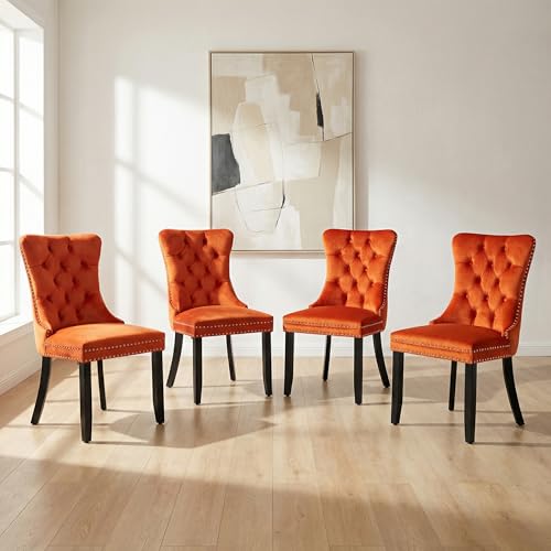 S Set Of 4, Orange Velvet Dining Room Chair With Solid Wood 