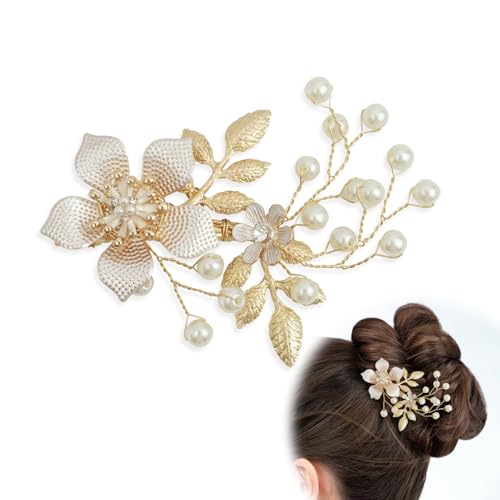 3.2'' Bridal Hair Pins Clip with Pearls, Elegant Handmade Gold Wedding Hairpiece, Stylish Shining Gold Leaf Flower Hair Jewelry Perfect for Brides Bridesmaids Graduations and Special Occasions
