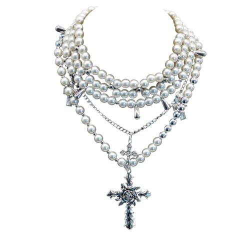 Layered Pearl Cross Necklace Statement Gothic Stacked Rhinestone Pearl Necklace for Wome