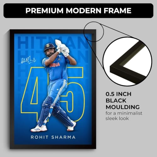 Image of Rohit Sharma Framed Poster | HITMAN 45 Wall Art | Indian Cricket Team Memorabilia | Cricket Fan Gift | Sports Room Decor | Premium Framed Cricket Poster (F 016)
