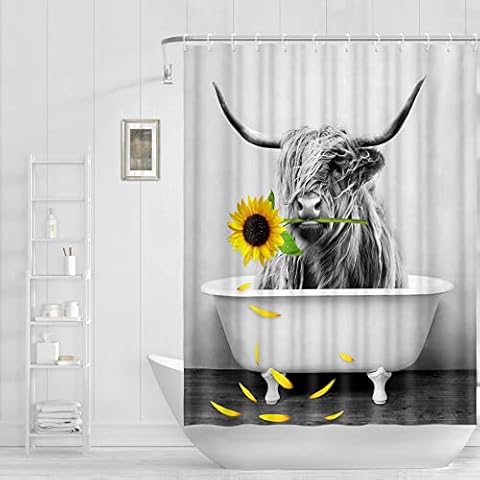 Abaysto Farmhouse Shower Curtain Highland Cow Bull in Bathtub Sunflower Shower Curtains Set, Western Wildlife Funny Cattle White Grey Shower Curtains Set with Hooks Retro Bathroom Decor Cover