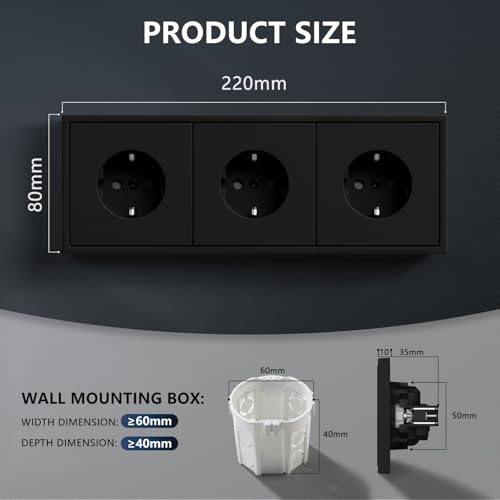 BSEED 3 Fach Schuko Steckdose, 250V 16A Steckdosen Unterputz mit PC Rahmen, Wandsteckdose mit Krallen, Kein Entfernen der Schraube erforderlich, Schwarz