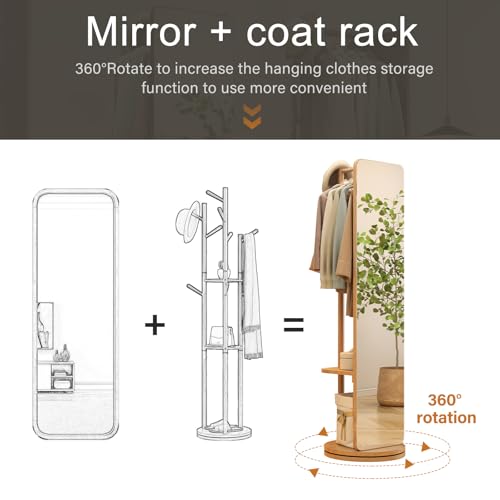 Image of AnywaysWood 70 inchx19 inchFull Length Mirror with Stand,Coat Rack with Mirror,Solid Wood Floor Mirror,Swivel Mirrorfor Bedroom, Living Room, Cloakroom