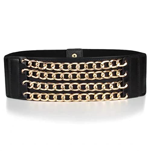 Womens Wide Elastic Waist Belts For Dresses With 4rows Golden Ladies Punk Chain Cinch Waistbands Belt