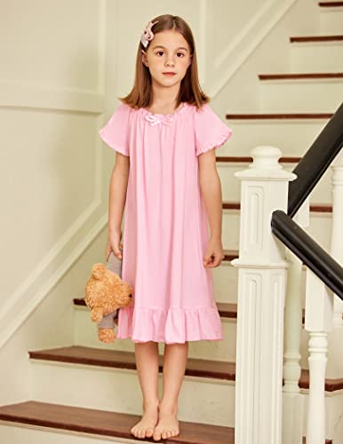 Arshiner Girls Pjs Dress Soft Sleepshirts Squre Neck Short Sleeve Night Shirt Loose Comfy Pajama Sleepwear (0-Pink, 7-8 Years) #TOP6