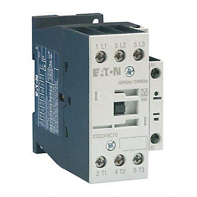 Eaton XTCE018C01 3 Pole contactor Rated at 18 AMPS with a 220/240 Volt AC Coil and 1 N.C. Base Contact
