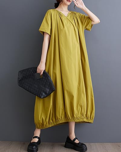 Image of ellazhu Women's Dress Short Sleeve V Neck Below Knee Solid Color Oversize Loose Casual Summer GZ236