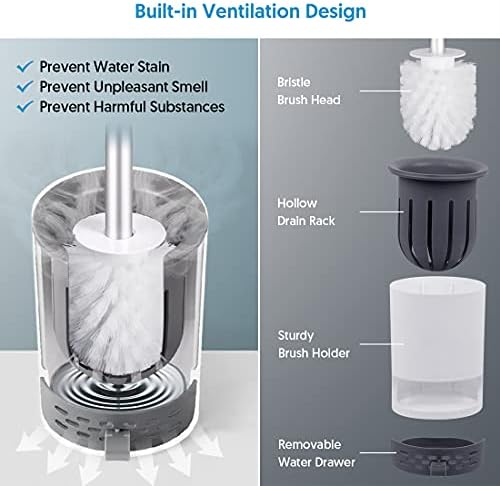 Toilet Brush and Holder Set 2 Pack with Hard Bristle Nylon & Stainless Steel Holder, White