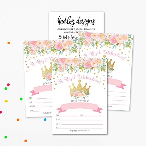 25 Floral Princess Party Invitation, Faux Glitter Royal Queen Little Girl Birthday Invite, Kids Crown Pink And Gold Confetti Themed Bday Supply Idea, Tiara Watercolor Printed Or Fill In The Blank Card #TOP3