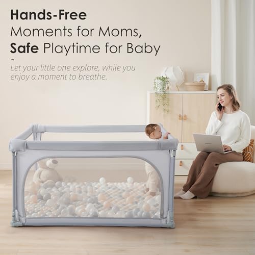 Image of Sweeby Baby Playpen, 47x47 Inch Foldable Playpens for Babies and Toddlers, Extra Large Playpen with Door Play Yard for Baby Fence Indoor and Outdoor Portable Play Pen, Light Gray
