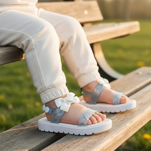 Image of bebe Girl's Flat Sandals - PCU Sandals with Flower, Bow, and Rhinestone Details for Toddler /Little Kid /Big Kid