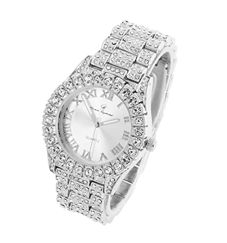 Charles Raymond Women's Big Rocks Bezel Colored Dial W/Roman Numerals Fully Iced Out Watch And Matching Beautiful Sparkling Tennis Bracelet Set - St10327La (Tla Silver - Silver) #TOP1