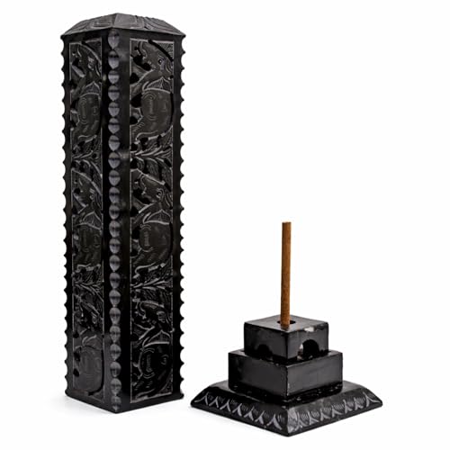 Image of Handmade Black Marble Soapstone Incense Stick Burner | Dhoop Batti Stand, Candle Holder, Tea Light Burner, Jaali Carving, 3 x 3 x 11 Inches