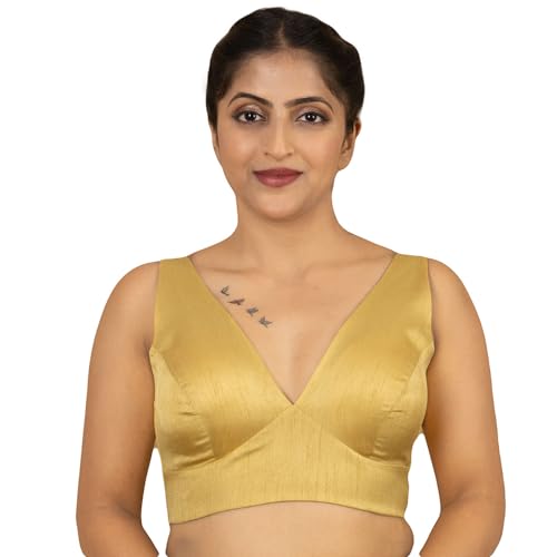 Image of FIGURE'S DESIGNER Women's Dupion Raw Silk Sleeveless V Neck Sabyasachi Cut Readymade Saree Blouse Padded Stitched S4