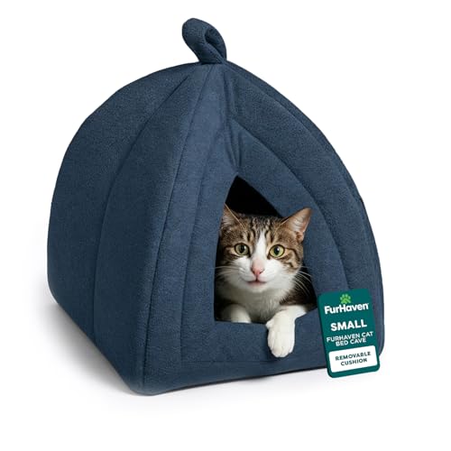 Furhaven Cat Bed Cave for Indoor Cats & Small Dogs, Washable & Foldable w/ Removable Cushion - Polar Fleece Pet Tent - Lagoon Blue, Small, 16.0"L x 13.0"W x 13.0"Th