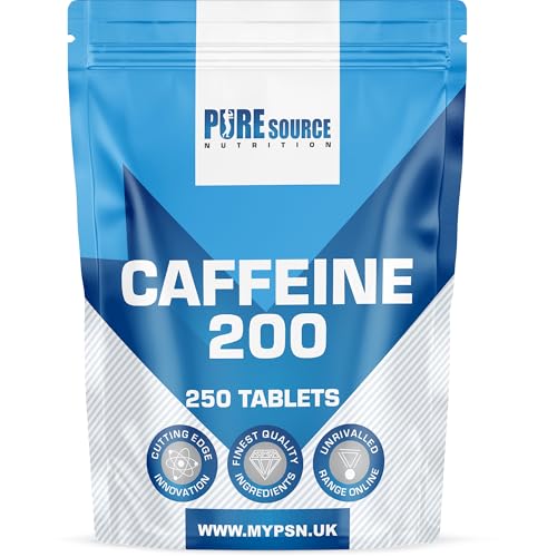 Caffeine Tablets 200mg Vegan Energy Tablet Pills Focus, Concentration, Energy Boost & Exercise Support Pre Workout Pill Improve Focus by Pure Source Nutrition (250 Tablets)