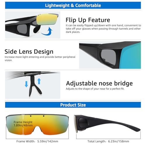 Image of Mens Polarized Flip Up Fitover Sunglasses with Mirrored Lenses
