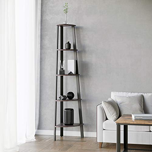 VASAGLE Industrial Corner Shelf, 5-Tier Ladder Bookcase, Storage Rack, with Metal Frame, for Living Room, Home, Office, Rustic Dark Brown