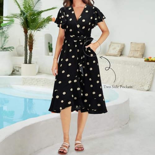 Image of Women's Summer Floral Wrap Dress Casual Boho Printed V Neck Short Sleeve Ruffle Flowy Beach Midi Dresses with Pockets