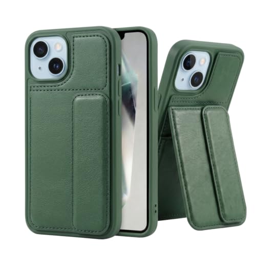Image of amazon basics Luxury Vegan Leather Back Cover for iPhone 13 | Built-in Card Holder Slot | Integrated Mobile Stand | Slim Shockproof Protective Case with Stitched Finish - Green