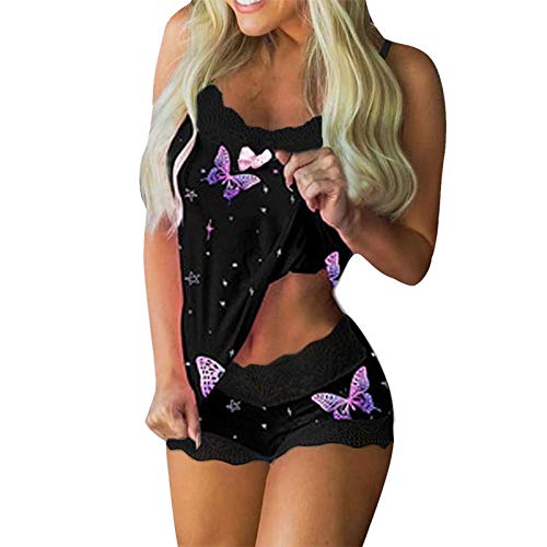 LIMILI Juego de pijama de encaje con correa sin mangas, con lazo y cortos, conjunto de pijamas de encaje, ropa de dormir para mujer, ropa de dormir sexy, 7_M, 7, M