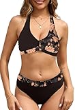 Joligiao Women's High Waisted Bikini Set Tummy Control Swimwear Two Piece Sexy Swimsuits Halter Neck Bikini Top with Bottoms Color Block Bathing Suits Plus Size Swimming Costume(Pink,XXL)