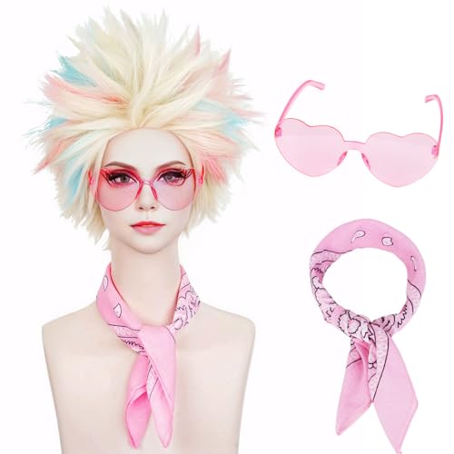 Aicos Blonde Weird Wig for Women Costume Blonde mix Blue Pink Cosplay Wig for Halloween Funky Spiky Doll Wig Party Fluffy Movie Wigs with Bandana Glasses+Wig Cap