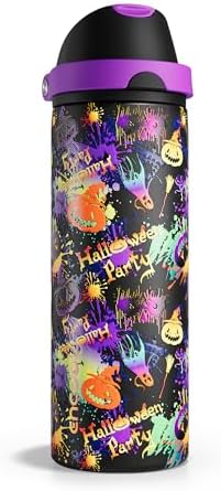 Halloween Insulated Water Bottle with Straw - Stainless Steel Water Bottle with Push Button Lid, Leak-Proof BPA-Free, Keeps Cold for 24 Hours for Halloween gifts, Party (24 oz, Ghost Party)