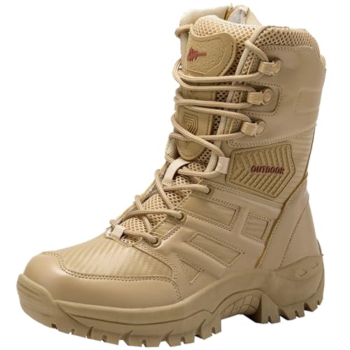 CHICMARK Botas de combate duraderas para hombre con cremalleras laterales/Botas militares antideslizantes y botas tácticas, caqui, 41 EU