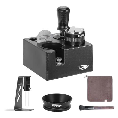 Image of IKAPE 53MM Black Espresso Tool Set 8 IN 1, Coffee Tamper, Distributor, Magnetic Funnel, Puck Screen, Tamper Station, Stirrer Distribution Tool, Cleaning Towel and Brush