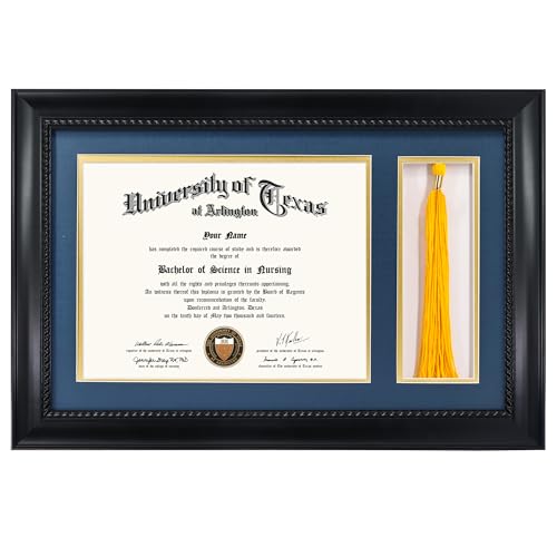 GMFrames Solid Wood Diploma Frame with Tassel Holder for 8.5x11 Certificate with Navy over Gold Mat Black Finish with Intricate Black Rope Detail UV Protection Acrylic
