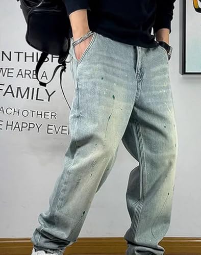 Men’S Streetwear Splash Ink Loose Denim Cargo Pants Slim Fit Full Length Button Fly Light Distressed Wash Trousers 6
