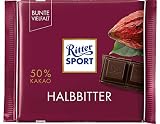Ritter Sport Halbbitter (12 x 100 g), Bitterschokolade mit 50% Kakao, zart-herbe, dunkle Tafelschokolade, Schokolade aus edlen Kakaobohnen