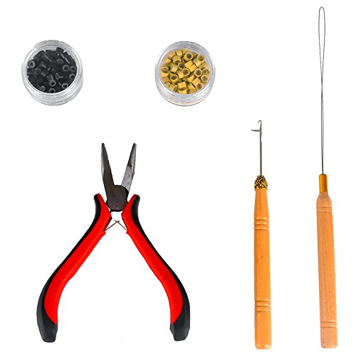 Hair Extensions Removal Tools Kit-Including Pliers,Micro Pulling Needle, Loop Threader,100pcs Black&100pcs Blonde Silicone Nano Rings Beads (Hair Extensions Set)