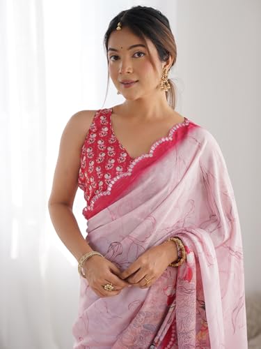 Image of Panzora Women's Chinon Printed Saree With Unstitched Blouse Piece