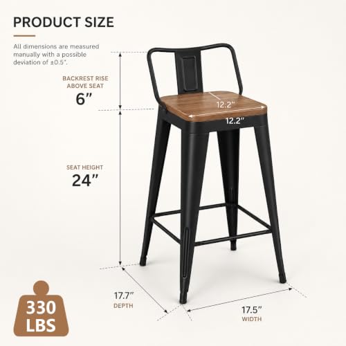 Image of Yongchuang 24 inch Metal Barstools Set of 4 Counter Bar Stools with Wood Top Low Back Matte Black | kitchen Stools Black Low Back Bar Stools with Wood Seat Modern Farmhouse Counter Stools Island Chairs 330LBS Weight Capacity