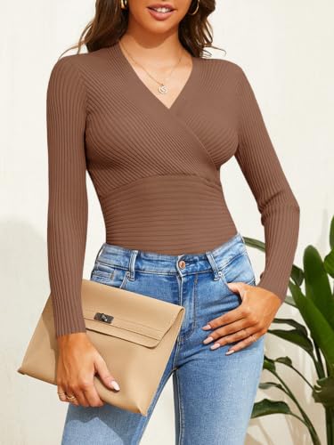 Image of Fangetey Womens Deep V Neck Sexy Wrap Sweater Long Sleeve Slim-Fitted Knitted Jumper Top
