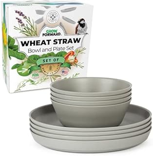 Grow Forward Premium Wheat Straw Dinnerware Sets - 8 Piece Unbreakable Microwave Safe Dishes - Reusable Wheat Straw Plates and Bowls Sets - Wheat Straw Bowls for Cereal, Soup, Camping, RV - Feather