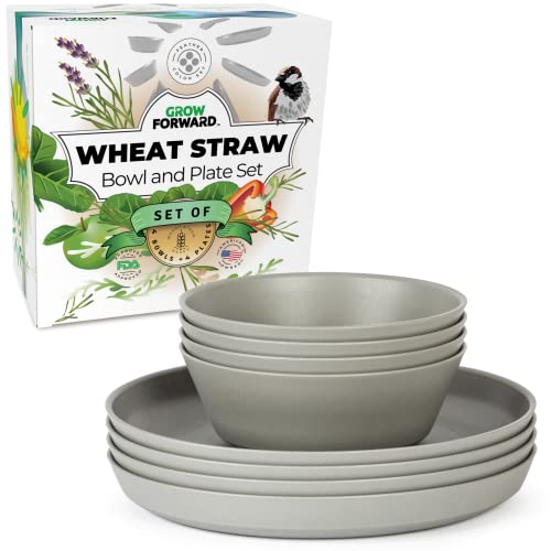 Grow Forward Premium Wheat Straw Dinnerware Sets - 8 Piece Unbreakable Microwave Safe Dishes - Reusable Wheat Straw Plates and Bowls Sets - Wheat Straw Bowls for Cereal, Soup, Camping, RV - Feather