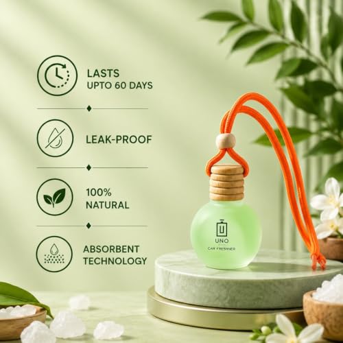 Image of UNO AROMA Natural Kapoor Car Air Freshener, 15ml, Long Lasting Hanging car perfume, Toxin-Free Oil in Glass Bottle with Wooden Diffuser, Car Accessories for fresh aroma, Last Upto-60 Days