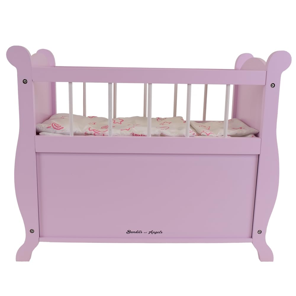 Bandits & Angels Puppenbett Sweetheart aus Holz mit Schrank rosa – Puppenbett aus Holz – geeignet für Puppen bis 46 cm – inklusive Decke – Puppenbett – Puppenmöbel