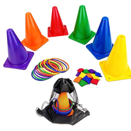 31 Stück Outdoor Spiele Kinder 3-in-1 Ringwurfspiel mit Pylonen & Säckchen