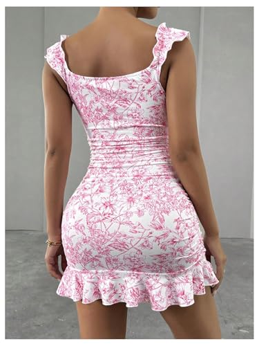 SOLY HUX Women's Summer Floral Print Mini Dress Off The Shoulder Ruched Ruffle Hem Bodycon Dresses2